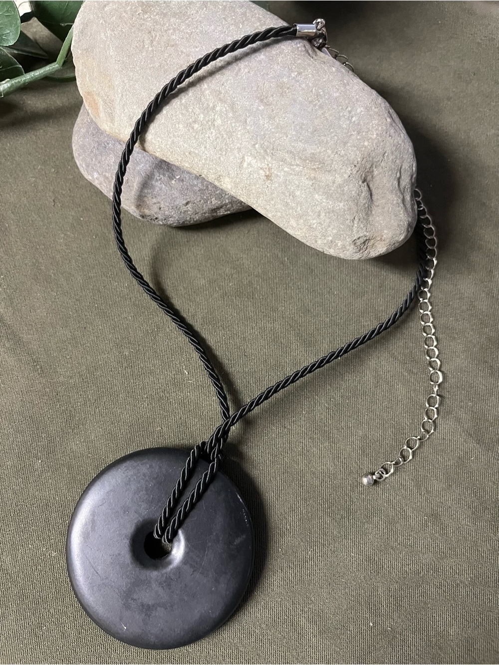 Black Gemstone Round Donut Pendant Necklace Adjustable
